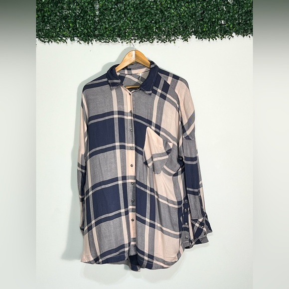 Free People M Pink Navy Plaid Tunic Oversized Button Up Breast Pocket Flowy - Picture 1 of 10